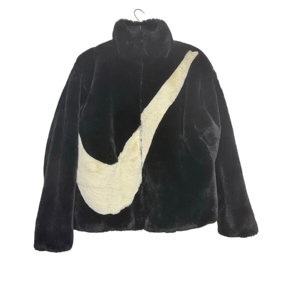 Nike Women’s Rare Faux Fur Swoosh Jacket Black White Logo Coat Size Small - Picture 1 of 6